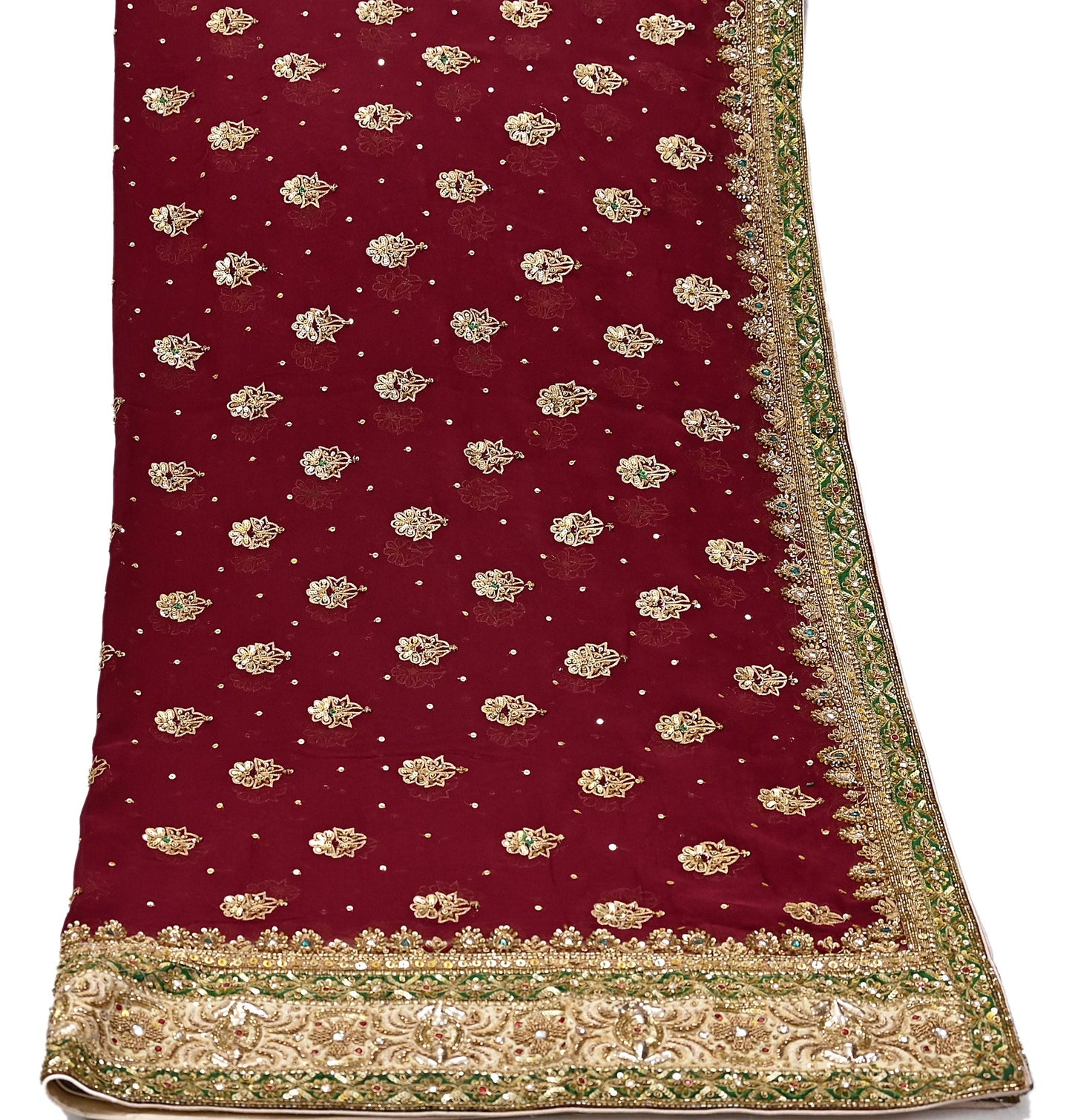 Indian Vintage Heavy Luxury Maroon Pure Georgette Silk Hand Embroidered Dupatta Designer By Anamika Khanna Bridal Wear Dabka Veil Hijab