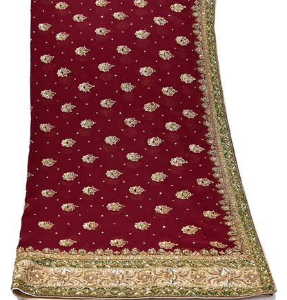 Indian Vintage Heavy Luxury Maroon Pure Georgette Silk Hand Embroidered Dupatta Designer By Anamika Khanna Bridal Wear Dabka Veil Hijab