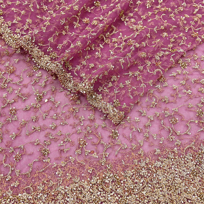 Indian Vintage Heavy Luxury Bridal Dupatta Pink Net Mesh Long Stole Hand Embroidered Scarves Zardozi Dabka Zari Sequins Wedding Dupatta