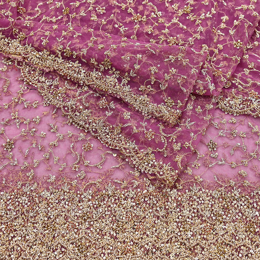 Indian Vintage Heavy Luxury Bridal Dupatta Pink Net Mesh Long Stole Hand Embroidered Scarves Zardozi Dabka Zari Sequins Wedding Dupatta