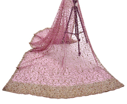 Indian Vintage Heavy Luxury Bridal Dupatta Pink Net Mesh Long Stole Hand Embroidered Scarves Zardozi Dabka Zari Sequins Wedding Dupatta