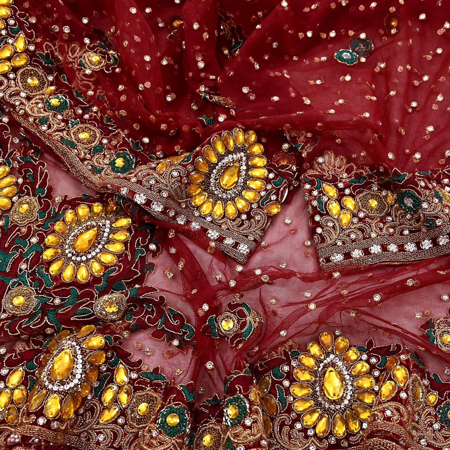 Indian Vintage Heavy Luxury Bridal Red Dupatta Net Mesh Long Stole Hand Embroidered Scarves Zardozi Dabka Zari Sequins Wedding Veil Hijab
