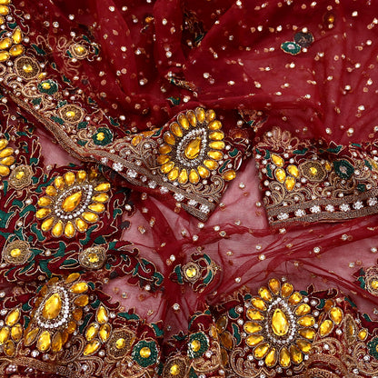 Indian Vintage Heavy Luxury Bridal Red Dupatta Net Mesh Long Stole Hand Embroidered Scarves Zardozi Dabka Zari Sequins Wedding Veil Hijab