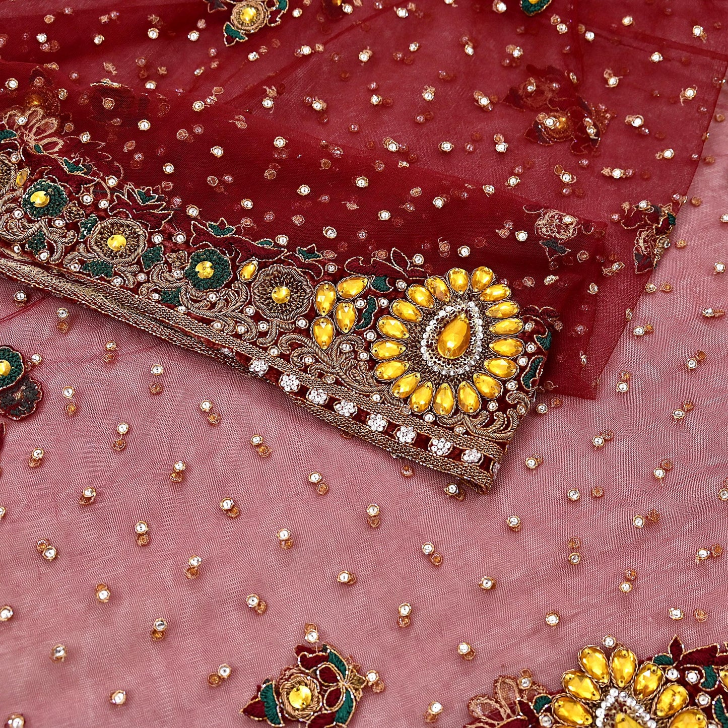 Indian Vintage Heavy Luxury Bridal Red Dupatta Net Mesh Long Stole Hand Embroidered Scarves Zardozi Dabka Zari Sequins Wedding Veil Hijab
