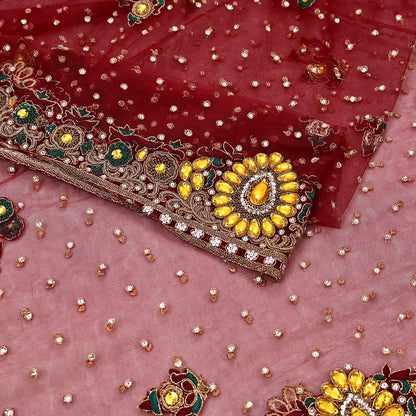 Indian Vintage Heavy Luxury Bridal Red Dupatta Net Mesh Long Stole Hand Embroidered Scarves Zardozi Dabka Zari Sequins Wedding Veil Hijab