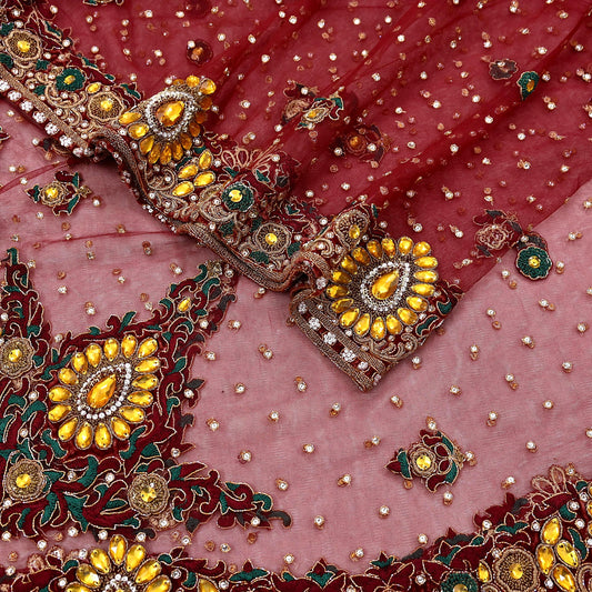 Indian Vintage Heavy Luxury Bridal Red Dupatta Net Mesh Long Stole Hand Embroidered Scarves Zardozi Dabka Zari Sequins Wedding Veil Hijab