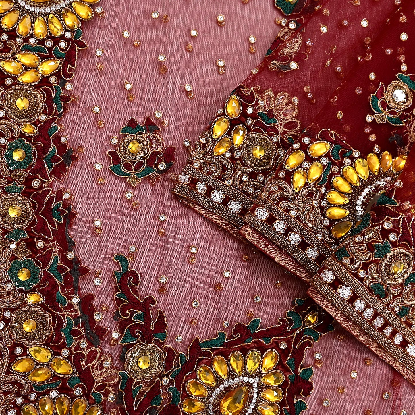 Indian Vintage Heavy Luxury Bridal Red Dupatta Net Mesh Long Stole Hand Embroidered Scarves Zardozi Dabka Zari Sequins Wedding Veil Hijab