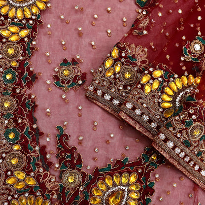 Indian Vintage Heavy Luxury Bridal Red Dupatta Net Mesh Long Stole Hand Embroidered Scarves Zardozi Dabka Zari Sequins Wedding Veil Hijab