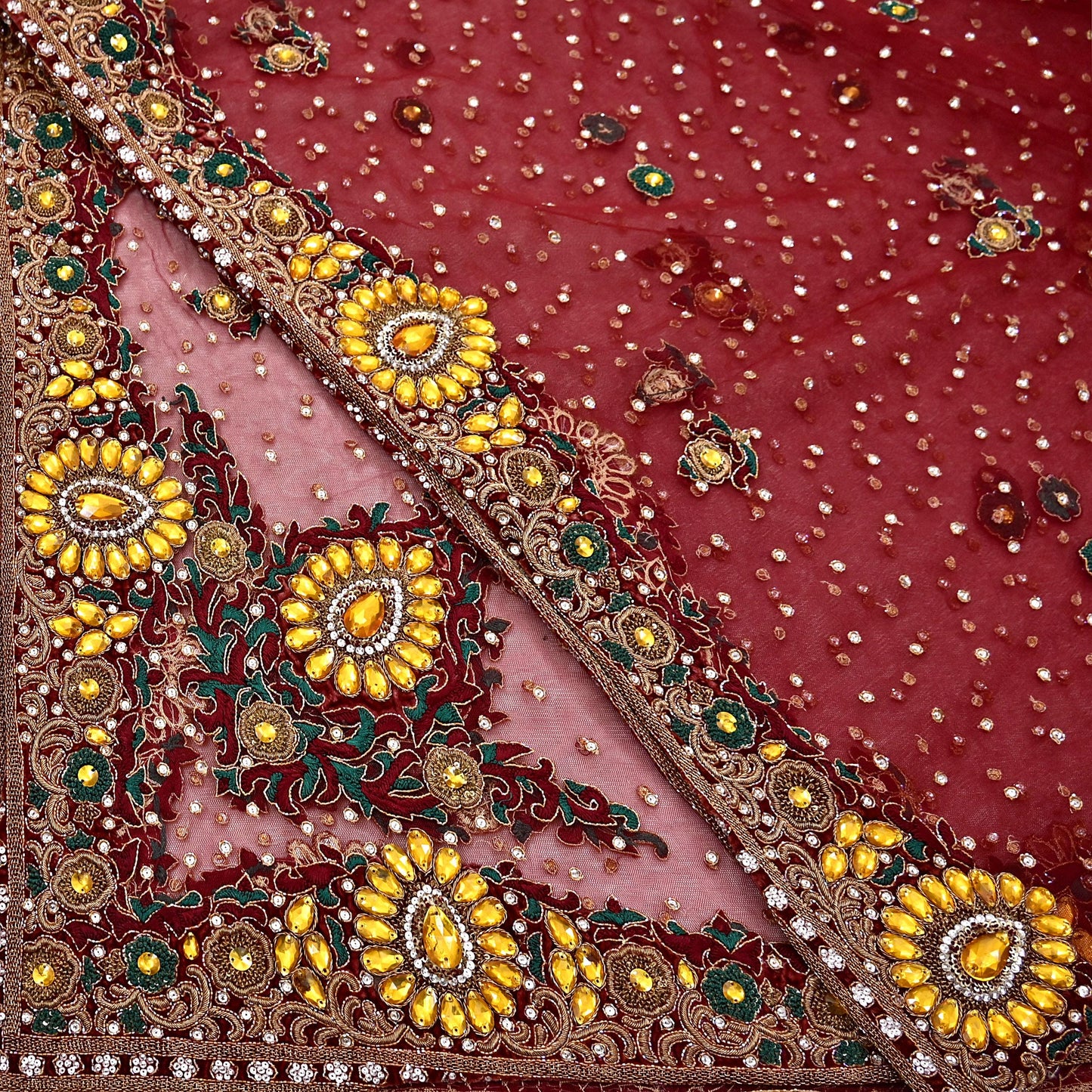 Indian Vintage Heavy Luxury Bridal Red Dupatta Net Mesh Long Stole Hand Embroidered Scarves Zardozi Dabka Zari Sequins Wedding Veil Hijab