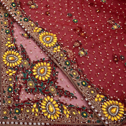 Indian Vintage Heavy Luxury Bridal Red Dupatta Net Mesh Long Stole Hand Embroidered Scarves Zardozi Dabka Zari Sequins Wedding Veil Hijab