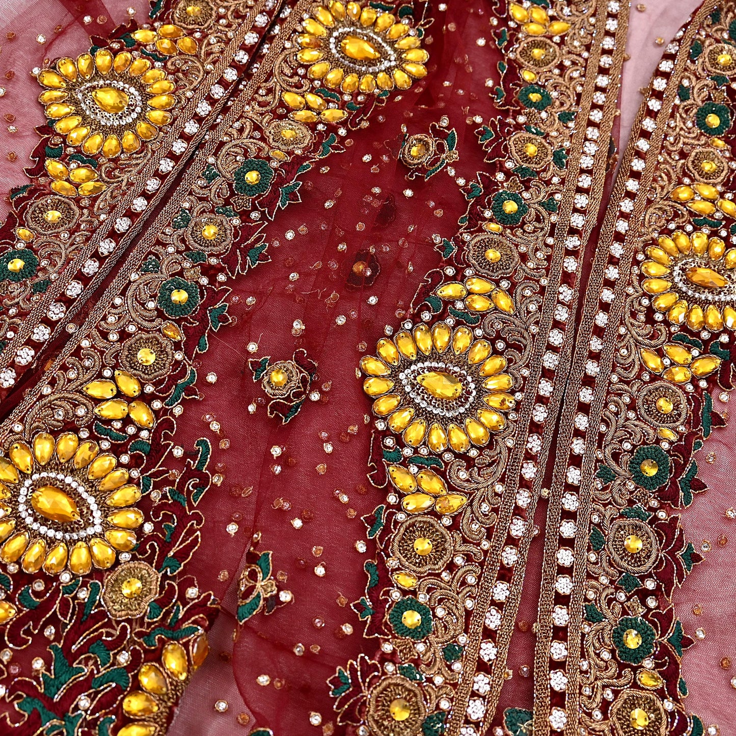 Indian Vintage Heavy Luxury Bridal Red Dupatta Net Mesh Long Stole Hand Embroidered Scarves Zardozi Dabka Zari Sequins Wedding Veil Hijab