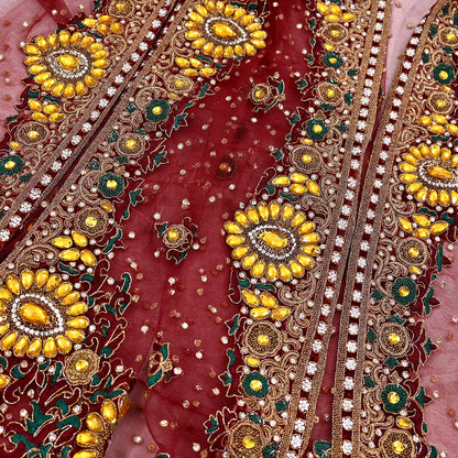 Indian Vintage Heavy Luxury Bridal Red Dupatta Net Mesh Long Stole Hand Embroidered Scarves Zardozi Dabka Zari Sequins Wedding Veil Hijab