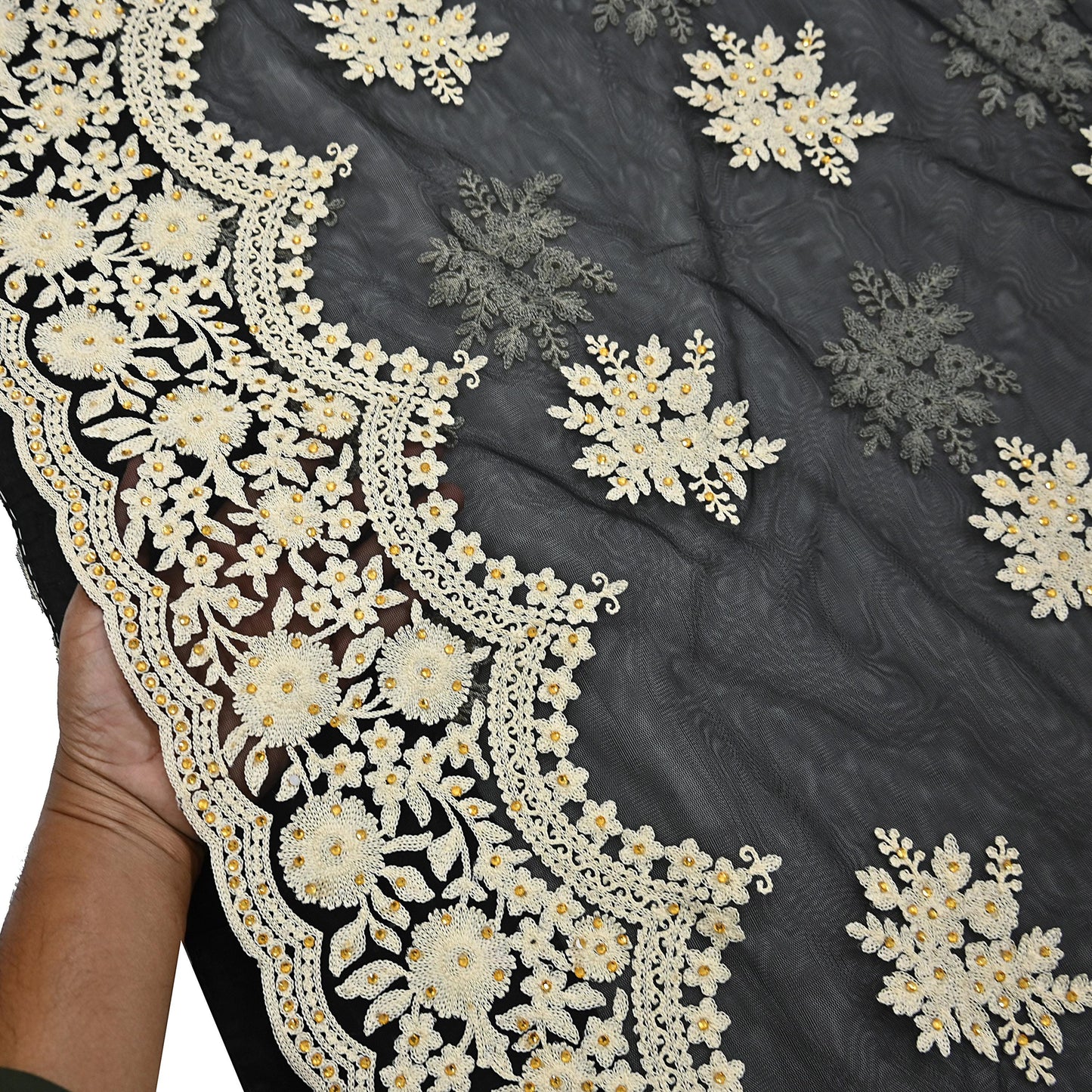 Indian Vintage Black Net Saree Heavy Hand Embroidery 6Yards Soft Mesh Fabric Ideal for Crafting Wedding Wear Bollywood sarees