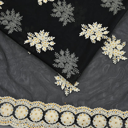 Indian Vintage Black Net Saree Heavy Hand Embroidery 6Yards Soft Mesh Fabric Ideal for Crafting Wedding Wear Bollywood sarees