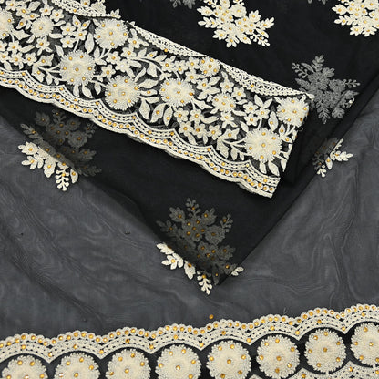 Indian Vintage Black Net Saree Heavy Hand Embroidery 6Yards Soft Mesh Fabric Ideal for Crafting Wedding Wear Bollywood sarees
