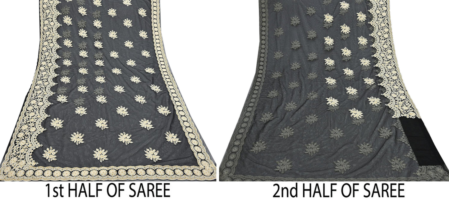 Indian Vintage Black Net Saree Heavy Hand Embroidery 6Yards Soft Mesh Fabric Ideal for Crafting Wedding Wear Bollywood sarees