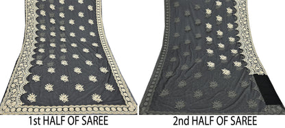 Indian Vintage Black Net Saree Heavy Hand Embroidery 6Yards Soft Mesh Fabric Ideal for Crafting Wedding Wear Bollywood sarees