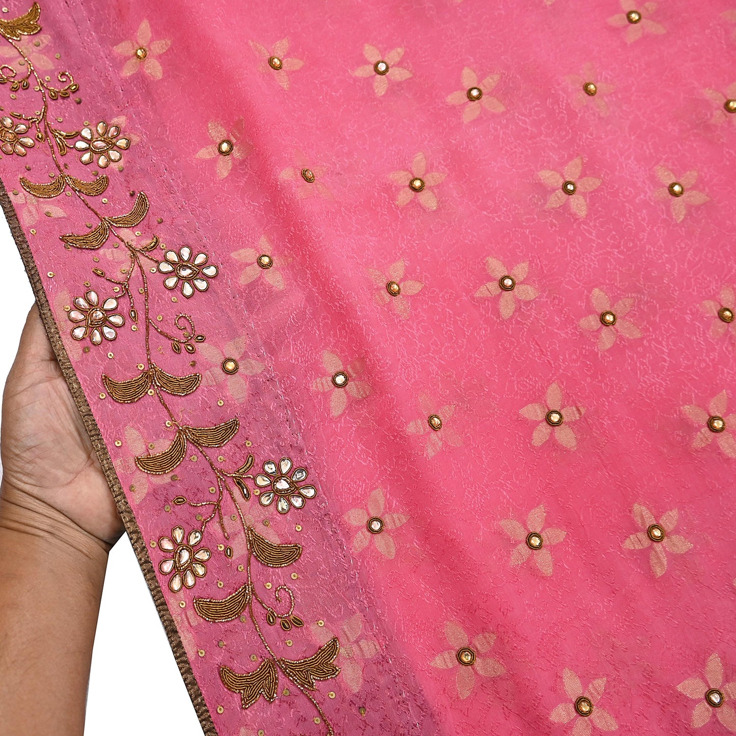 Indian Vintage Pink Saree Pure Silk Hand Embroidered Sari Fabric 6Yd Sewing Soft Zardozi/Dabka Dress Making Bollywood Party Sarees