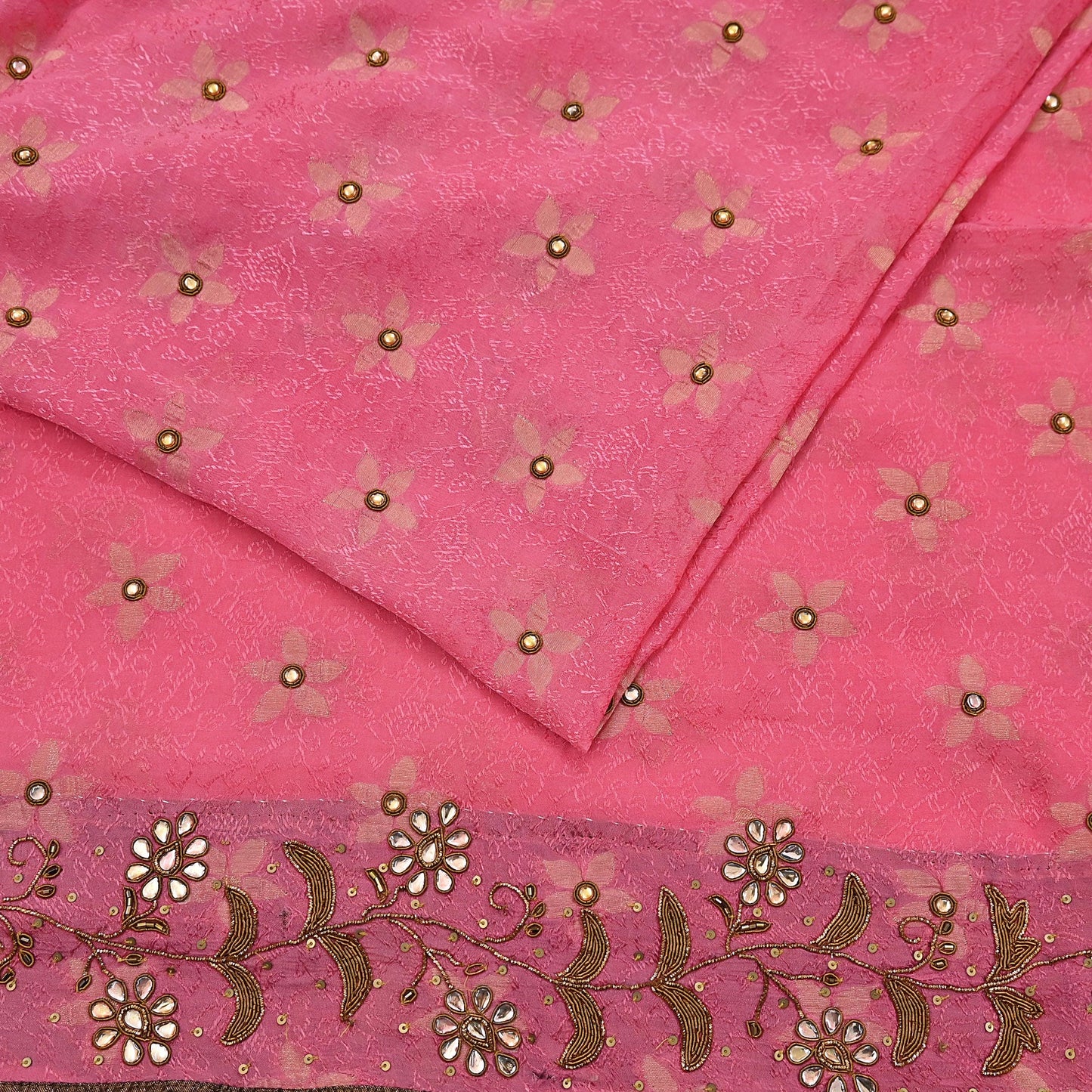 Indian Vintage Pink Saree Pure Silk Hand Embroidered Sari Fabric 6Yd Sewing Soft Zardozi/Dabka Dress Making Bollywood Party Sarees