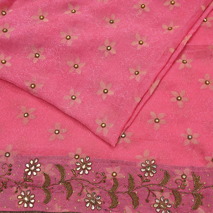 Indian Vintage Pink Saree Pure Silk Hand Embroidered Sari Fabric 6Yd Sewing Soft Zardozi/Dabka Dress Making Bollywood Party Sarees