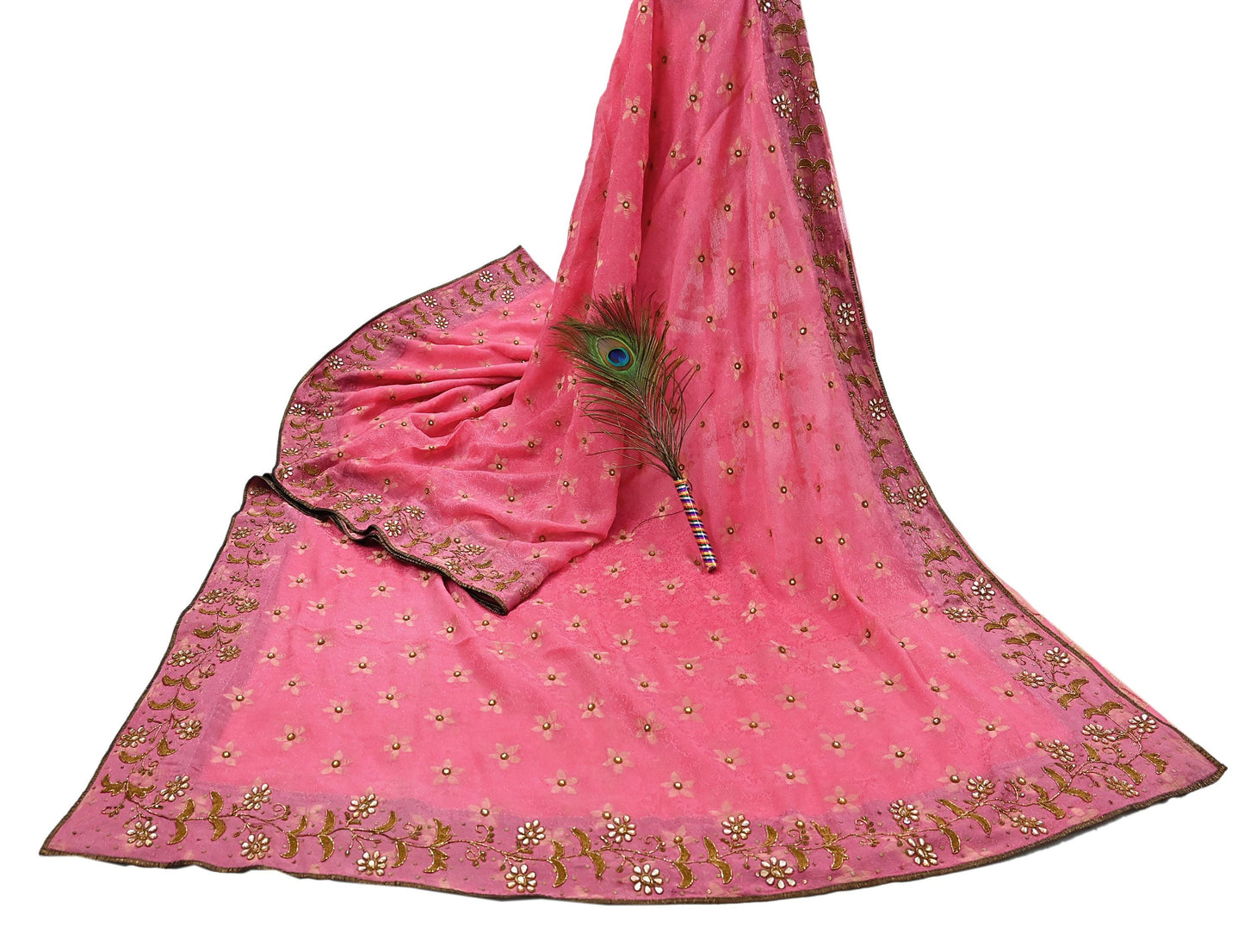 Indian Vintage Pink Saree Pure Silk Hand Embroidered Sari Fabric 6Yd Sewing Soft Zardozi/Dabka Dress Making Bollywood Party Sarees