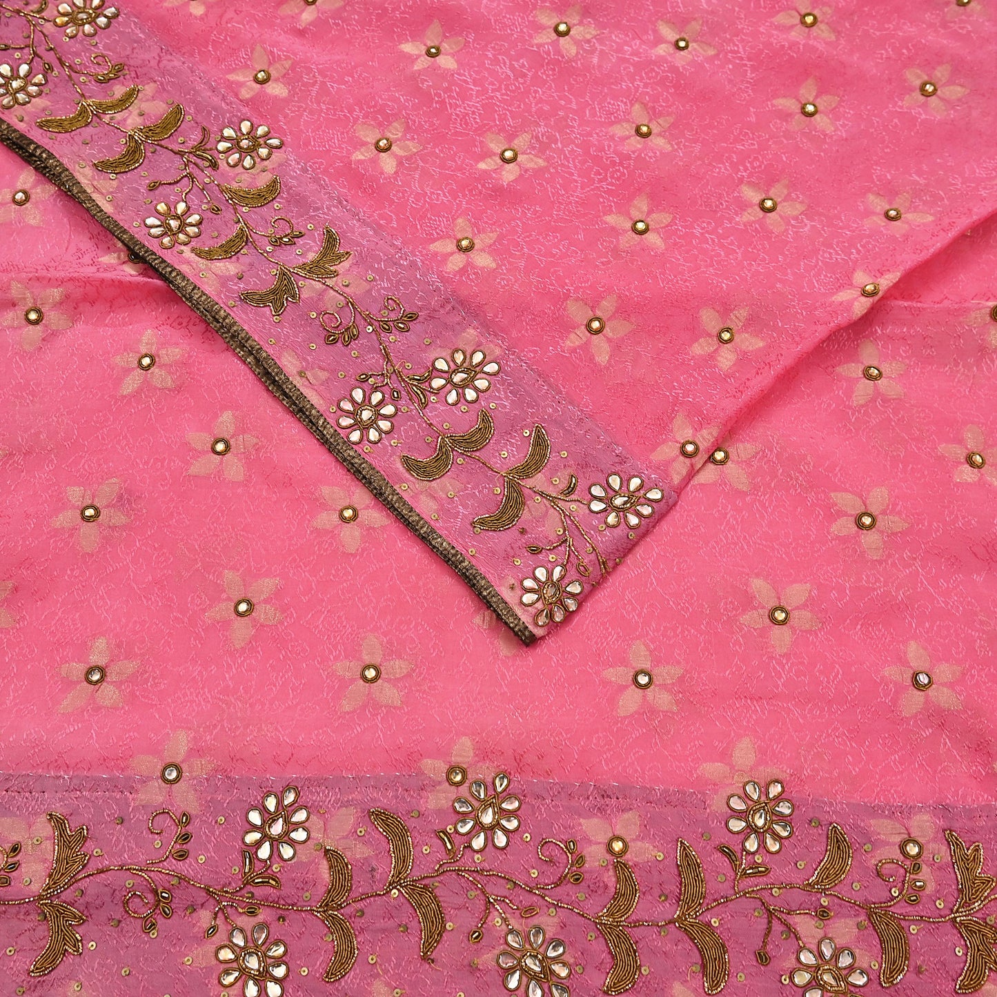 Indian Vintage Pink Saree Pure Silk Hand Embroidered Sari Fabric 6Yd Sewing Soft Zardozi/Dabka Dress Making Bollywood Party Sarees