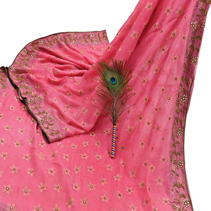 Indian Vintage Pink Saree Pure Silk Hand Embroidered Sari Fabric 6Yd Sewing Soft Zardozi/Dabka Dress Making Bollywood Party Sarees