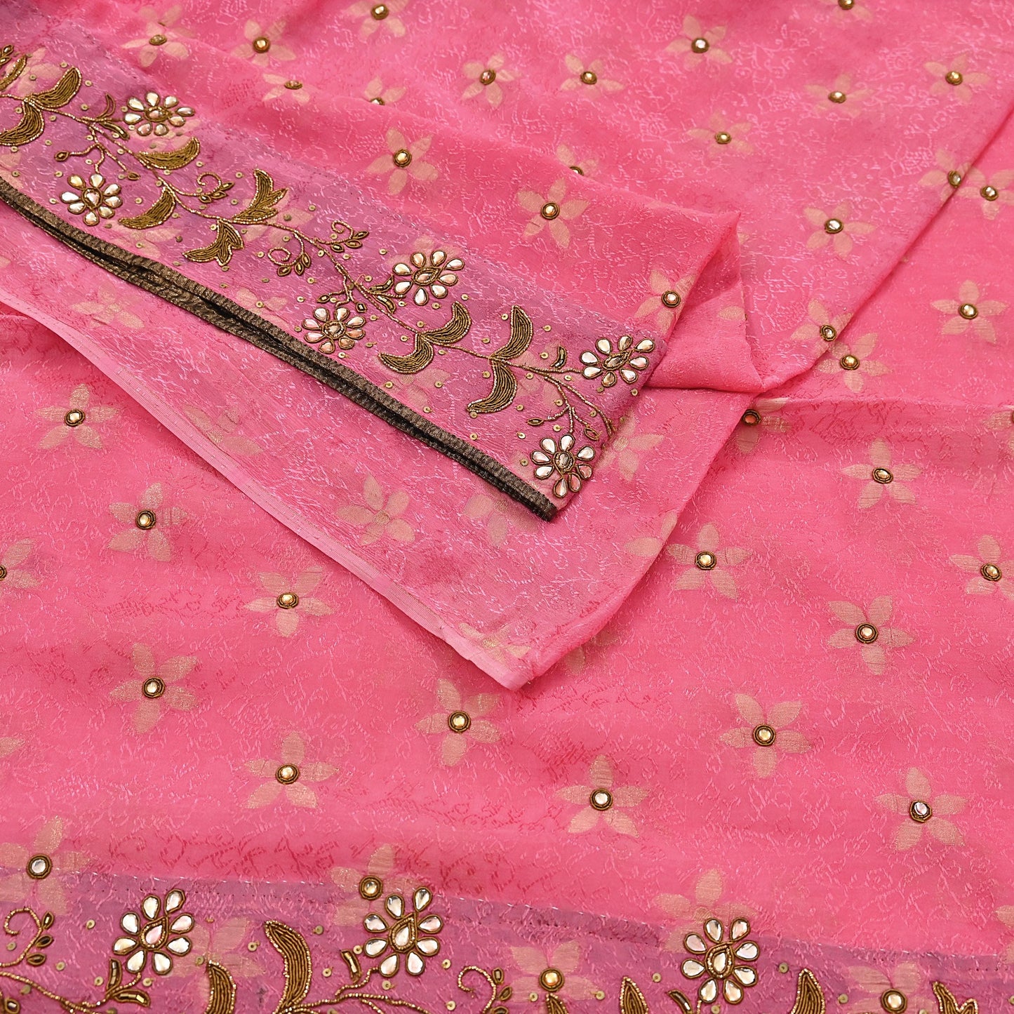 Indian Vintage Pink Saree Pure Silk Hand Embroidered Sari Fabric 6Yd Sewing Soft Zardozi/Dabka Dress Making Bollywood Party Sarees