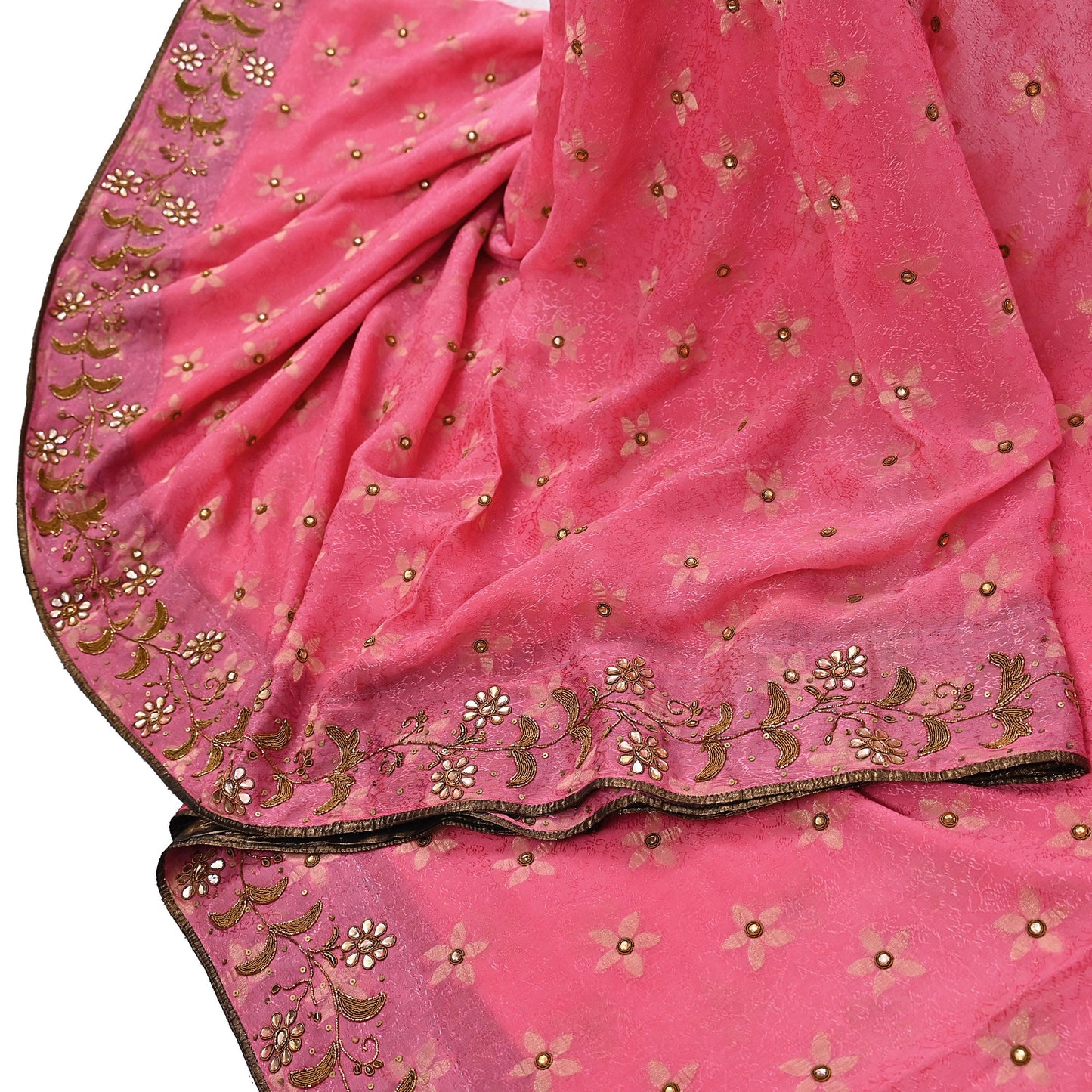 Indian Vintage Pink Saree Pure Silk Hand Embroidered Sari Fabric 6Yd Sewing Soft Zardozi/Dabka Dress Making Bollywood Party Sarees