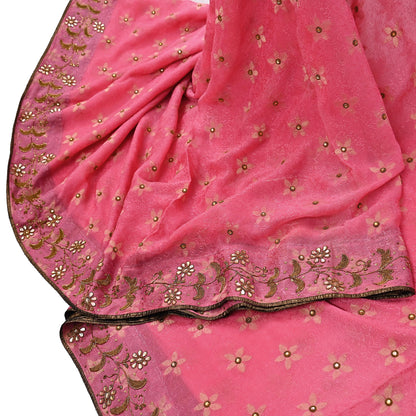 Indian Vintage Pink Saree Pure Silk Hand Embroidered Sari Fabric 6Yd Sewing Soft Zardozi/Dabka Dress Making Bollywood Party Sarees