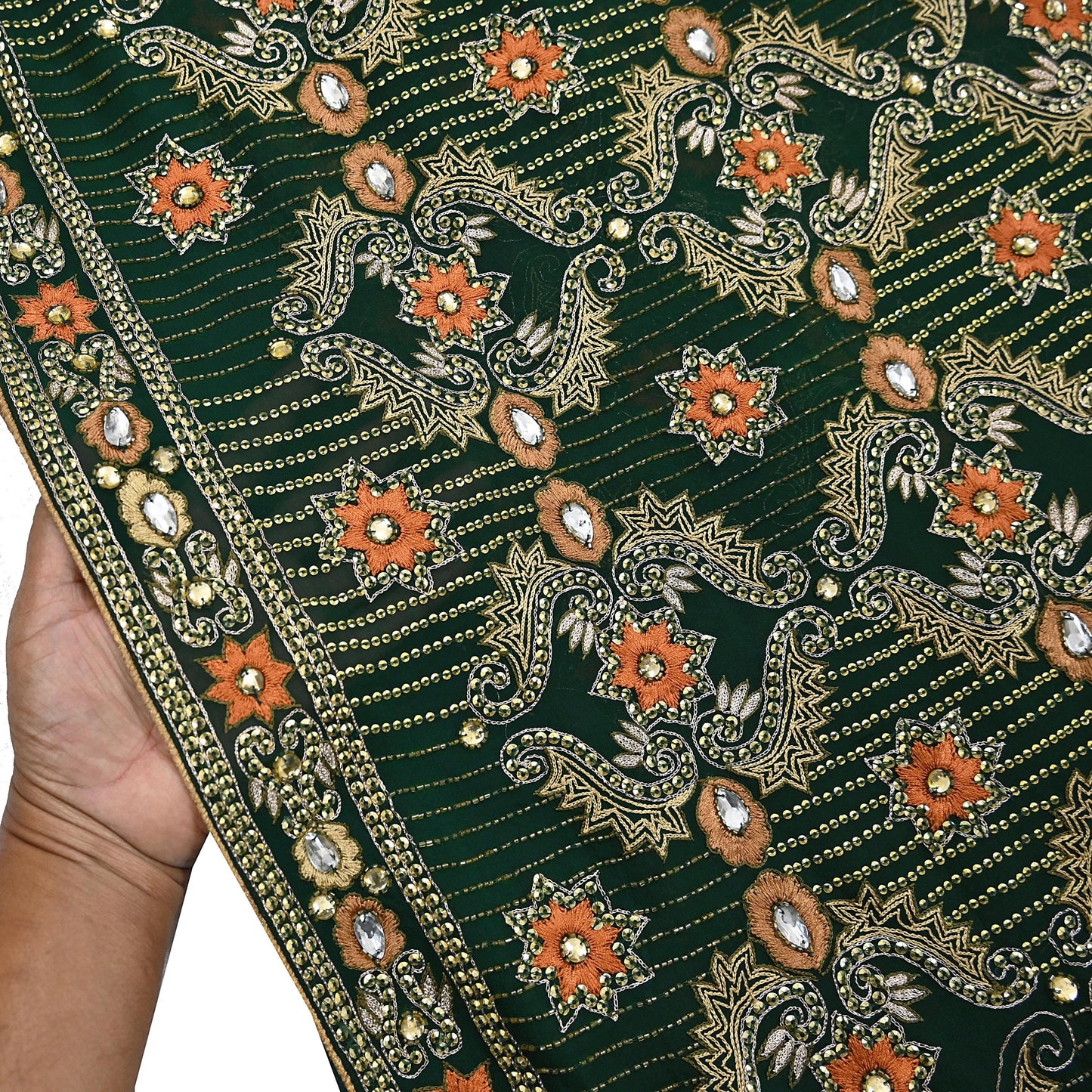 Indian Vintage Bottle Green Saree Pure Georgette Silk Hand Beaded Sari Craft Fabric 5Yd Zari Ethnic Bridal/Wedding Sarees Bollywood sari