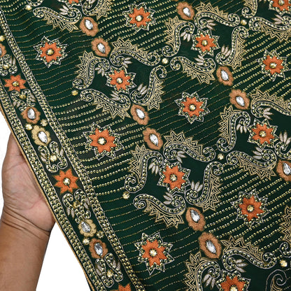Indian Vintage Bottle Green Saree Pure Georgette Silk Hand Beaded Sari Craft Fabric 5Yd Zari Ethnic Bridal/Wedding Sarees Bollywood sari