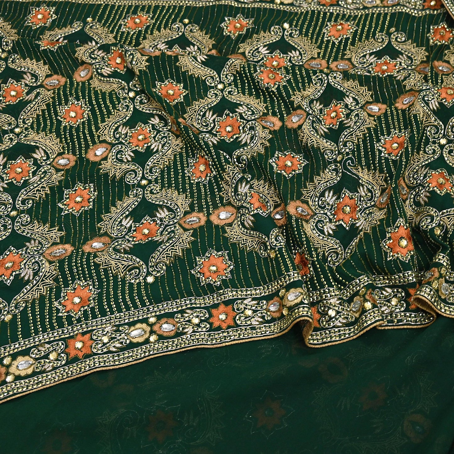 Indian Vintage Bottle Green Saree Pure Georgette Silk Hand Beaded Sari Craft Fabric 5Yd Zari Ethnic Bridal/Wedding Sarees Bollywood sari