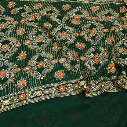 Indian Vintage Bottle Green Saree Pure Georgette Silk Hand Beaded Sari Craft Fabric 5Yd Zari Ethnic Bridal/Wedding Sarees Bollywood sari