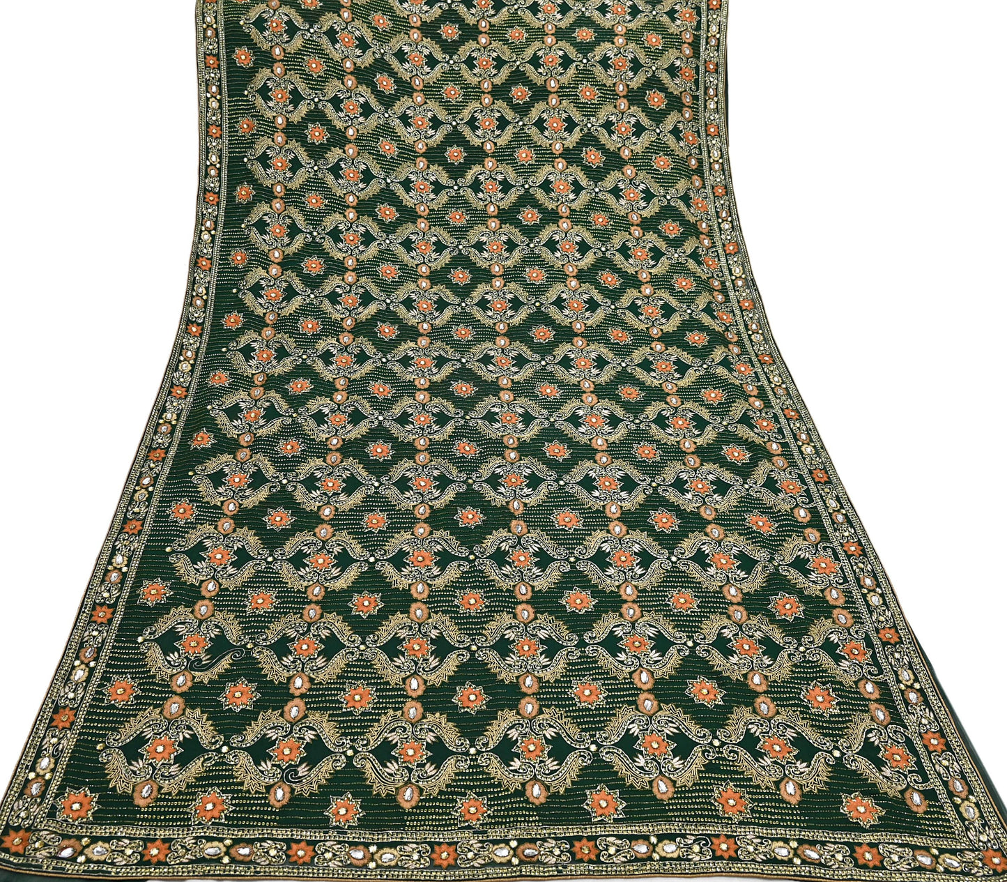 Indian Vintage Bottle Green Saree Pure Georgette Silk Hand Beaded Sari Craft Fabric 5Yd Zari Ethnic Bridal/Wedding Sarees Bollywood sari