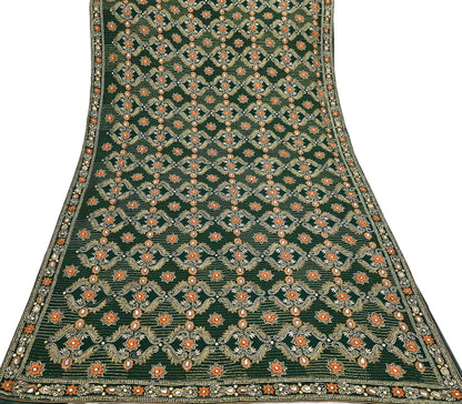 Indian Vintage Bottle Green Saree Pure Georgette Silk Hand Beaded Sari Craft Fabric 5Yd Zari Ethnic Bridal/Wedding Sarees Bollywood sari