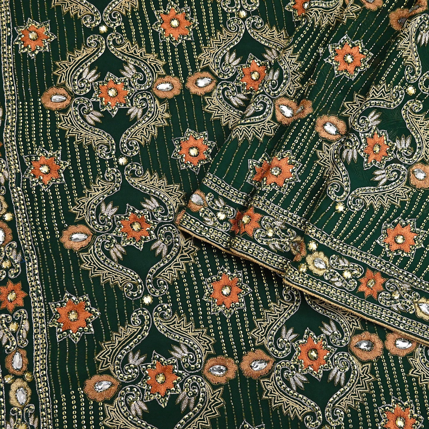 Indian Vintage Bottle Green Saree Pure Georgette Silk Hand Beaded Sari Craft Fabric 5Yd Zari Ethnic Bridal/Wedding Sarees Bollywood sari