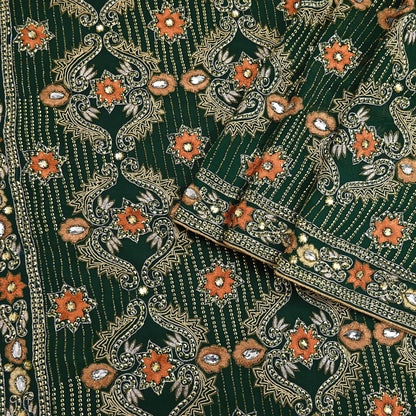 Indian Vintage Bottle Green Saree Pure Georgette Silk Hand Beaded Sari Craft Fabric 5Yd Zari Ethnic Bridal/Wedding Sarees Bollywood sari