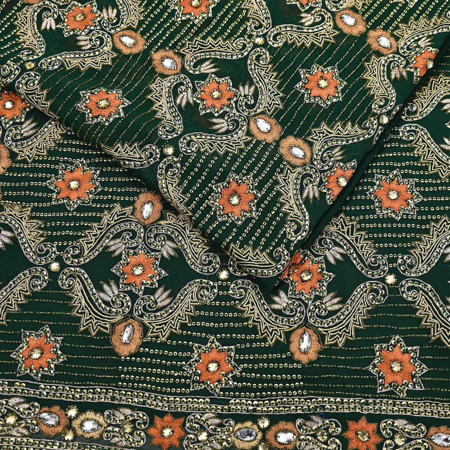 Indian Vintage Bottle Green Saree Pure Georgette Silk Hand Beaded Sari Craft Fabric 5Yd Zari Ethnic Bridal/Wedding Sarees Bollywood sari