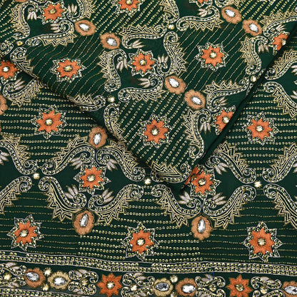 Indian Vintage Bottle Green Saree Pure Georgette Silk Hand Beaded Sari Craft Fabric 5Yd Zari Ethnic Bridal/Wedding Sarees Bollywood sari