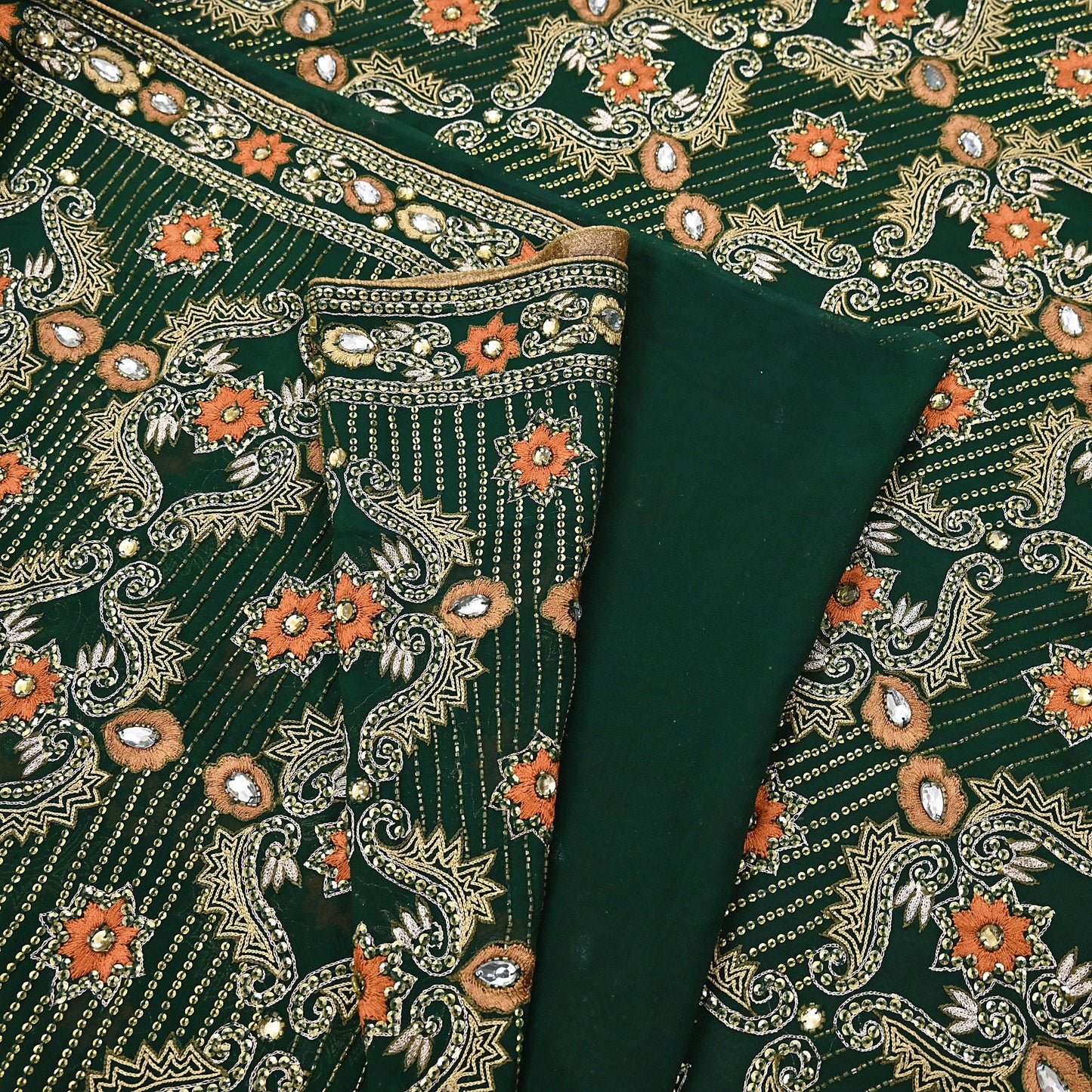 Indian Vintage Bottle Green Saree Pure Georgette Silk Hand Beaded Sari Craft Fabric 5Yd Zari Ethnic Bridal/Wedding Sarees Bollywood sari