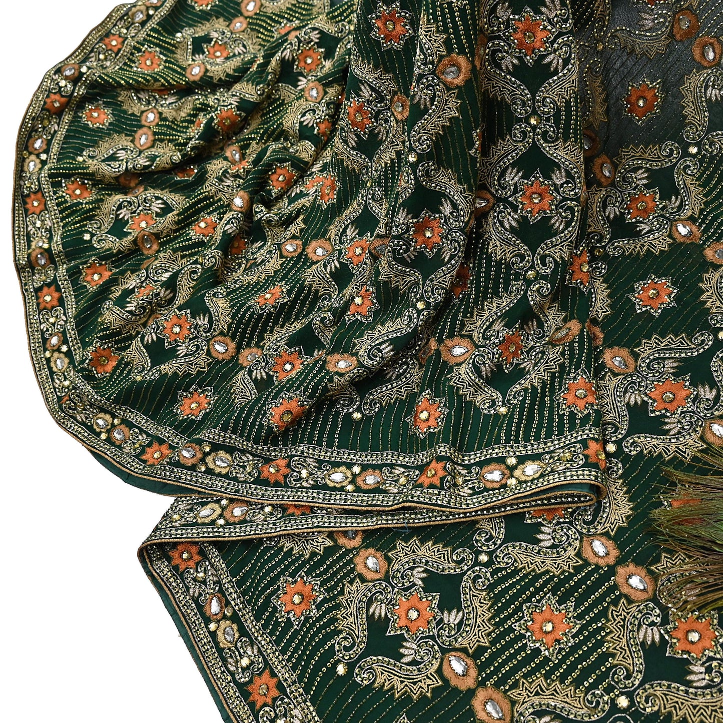 Indian Vintage Bottle Green Saree Pure Georgette Silk Hand Beaded Sari Craft Fabric 5Yd Zari Ethnic Bridal/Wedding Sarees Bollywood sari