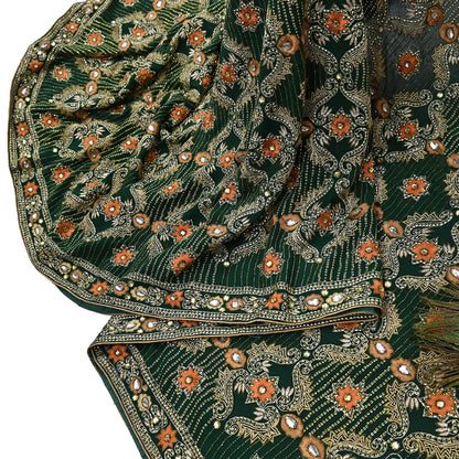 Indian Vintage Bottle Green Saree Pure Georgette Silk Hand Beaded Sari Craft Fabric 5Yd Zari Ethnic Bridal/Wedding Sarees Bollywood sari