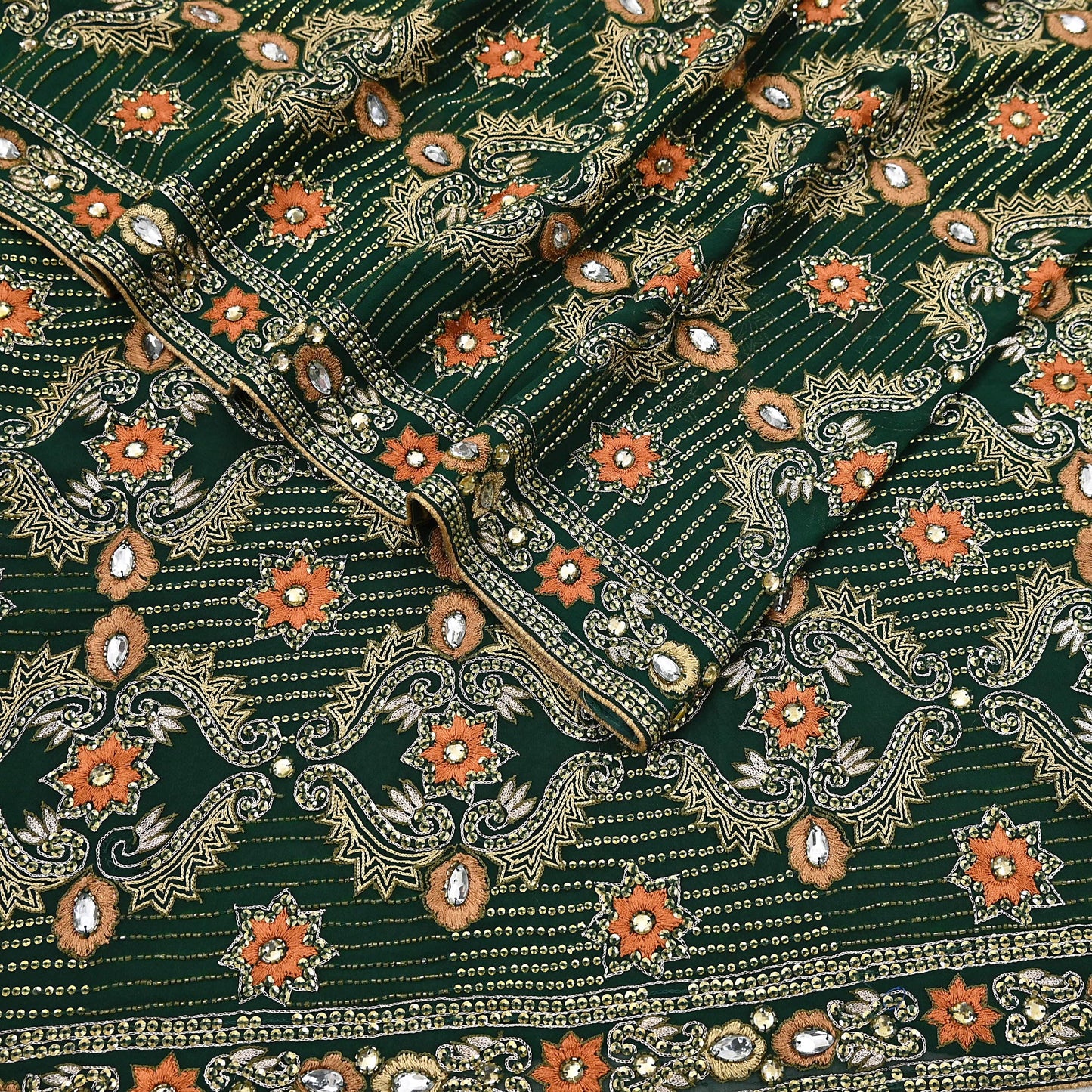 Indian Vintage Bottle Green Saree Pure Georgette Silk Hand Beaded Sari Craft Fabric 5Yd Zari Ethnic Bridal/Wedding Sarees Bollywood sari