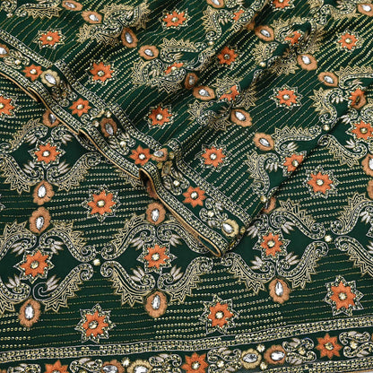 Indian Vintage Bottle Green Saree Pure Georgette Silk Hand Beaded Sari Craft Fabric 5Yd Zari Ethnic Bridal/Wedding Sarees Bollywood sari