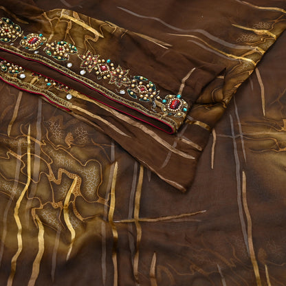 Indian Vintage Brown Saree Pure Georgette Silk Hand Embroidered Brasso Indian Sari Fabric 5Yard Sewing Soft Ethnic