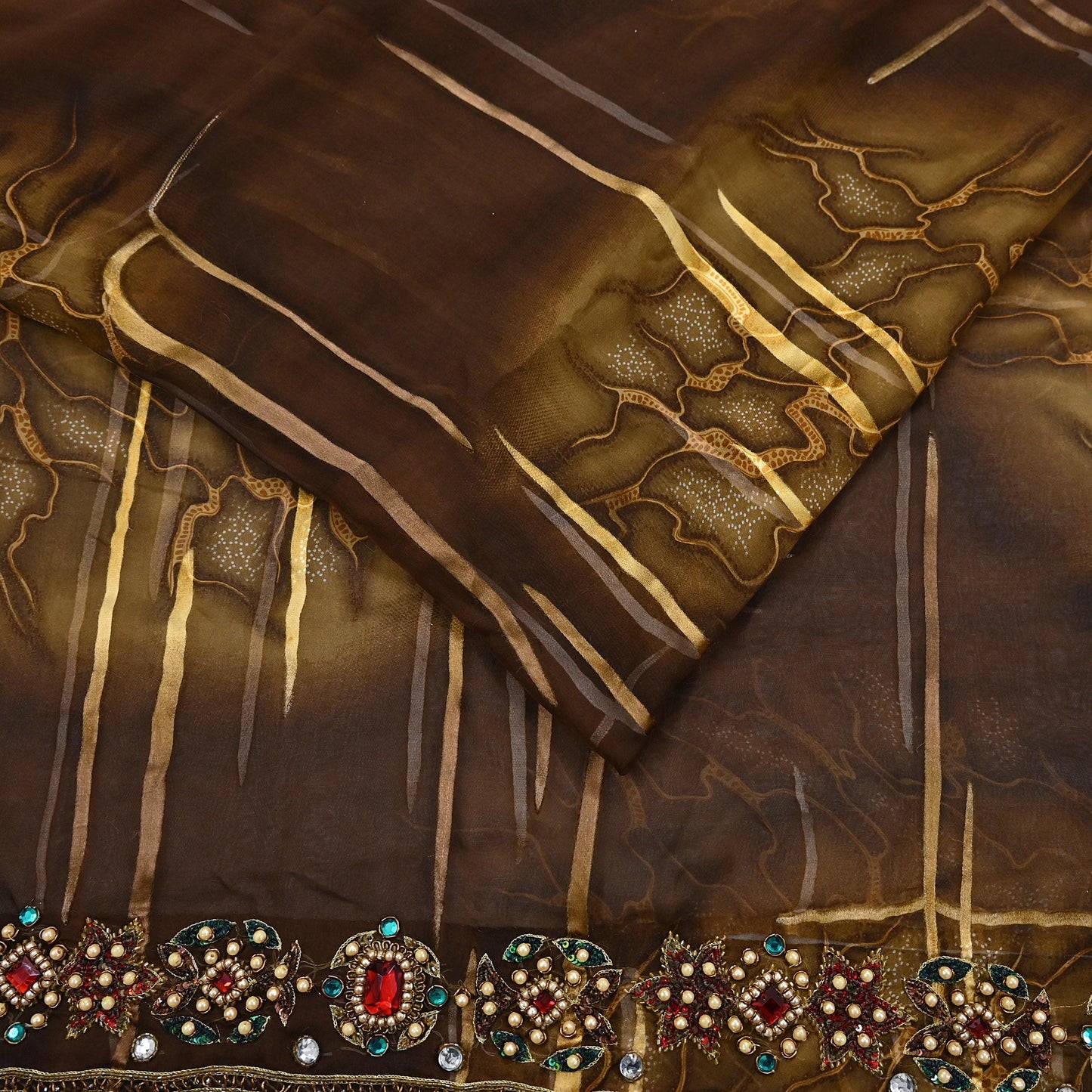 Indian Vintage Brown Saree Pure Georgette Silk Hand Embroidered Brasso Indian Sari Fabric 5Yard Sewing Soft Ethnic