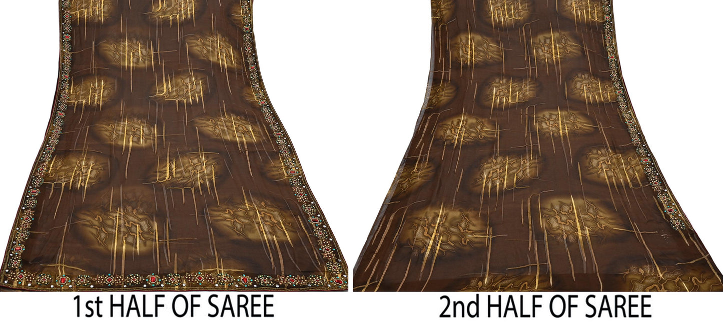 Indian Vintage Brown Saree Pure Georgette Silk Hand Embroidered Brasso Indian Sari Fabric 5Yard Sewing Soft Ethnic