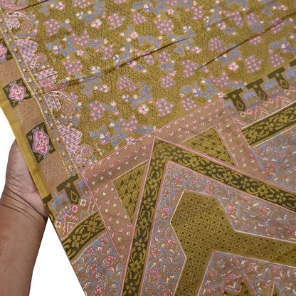 Vintage Green Pure Silk Saree Indian Printed Floral Silk Fabric 5 Yard Soft Sewing Material for Dressmaking, Quilting Crafts