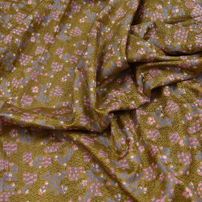 Vintage Green Pure Silk Saree Indian Printed Floral Silk Fabric 5 Yard Soft Sewing Material for Dressmaking, Quilting Crafts